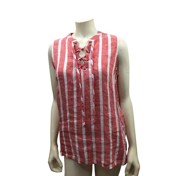 Christian Siriano Red & White Striped‎ Sleeveless Lace-Up Linen Top Sm - Picture 2 of 6